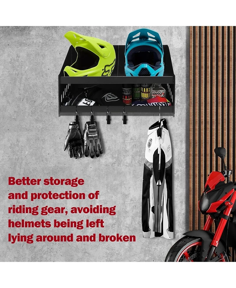 Gaomon Wall-Mounted Helmet Rack, Aluminum Double Helmet Holder with Hooks for Hanging Clothes, Helmet Stand Storage Cabinet Organizer for Garage