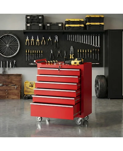 Gaomon 6-Drawer Portable Tool Storage Cart, Rolling Tool Chest Cabinet, Lockable Toolbox Organizer, Red