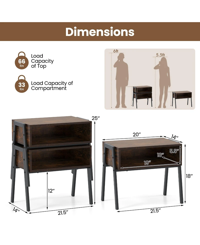 Gymax 2PCS Stackable End Table Night Stand Bedside Table Shelf Accent Table