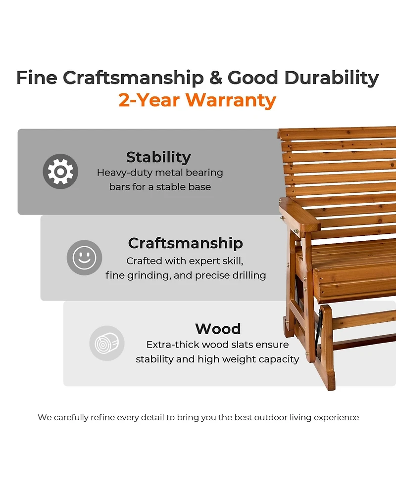 Mega Casa Wooden Patio Glider with High Roll Back and Deep Contoured Seat, Solid Fir Wood, 2-Seater, Heavy Duty 800 Lbs, 4 Ft.