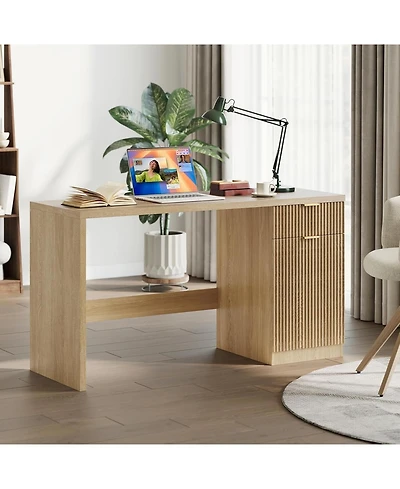 gaomon Modern Fluted Executive Desk - Wood Computer Desk with Storage Cabinet and Drawers, Oak Writing Table for Home Office, Study