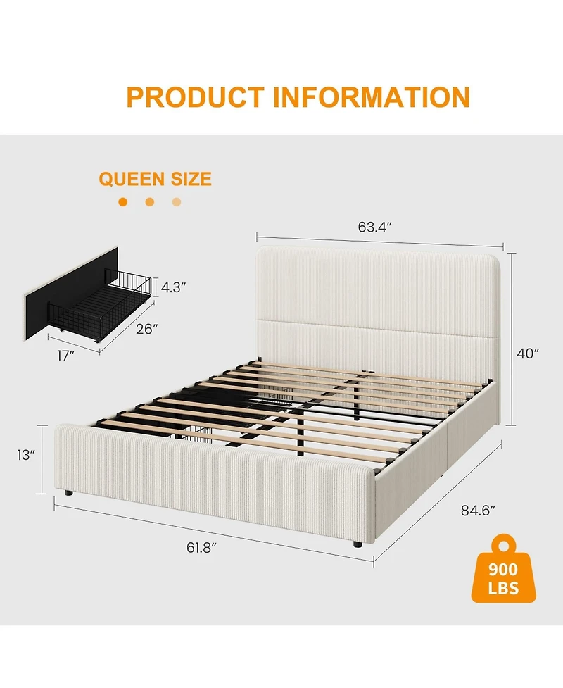 homfan Upholstered Platform Bed Frame with Headboard and 2 Storage Drawers, Wood Slat Support