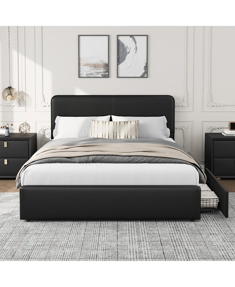 homfan Upholstered Platform Bed Frame with Headboard and 2 Storage Drawers, Wood Slat Support