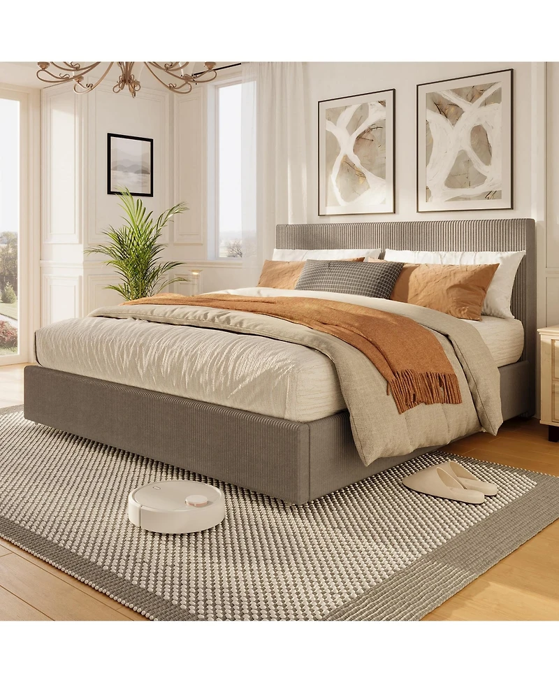 homfan Upholstered Platform Bed Frame with 4 Storage Drawers, Corduroy Channel Tufted Wingback Headboard