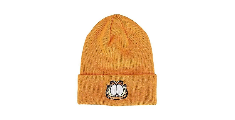 Garfield Men's Face Character Cuffed Flat Embroidery Logo on Orange Acrylic Knitted Woven Beanie
