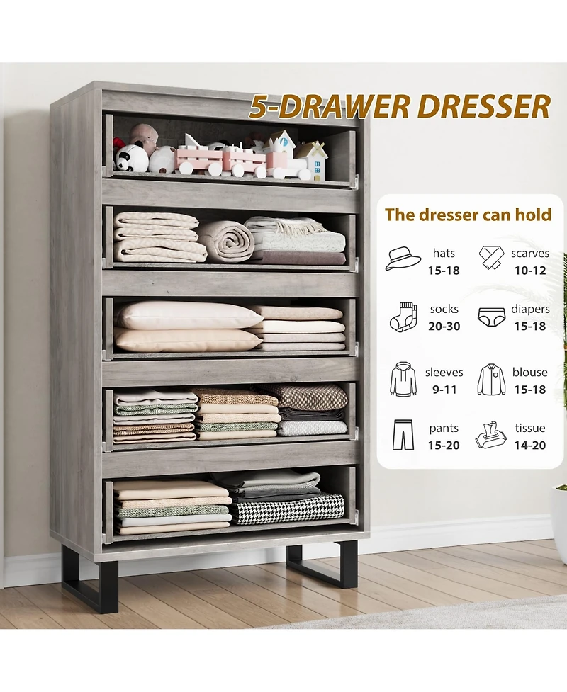 homfan 5 Dresser for Bedroom, 50" Tall Dresser, Freestanding Vertical Drawer with Storage, Wooden Closet Chest Storage Living Room, Hallway