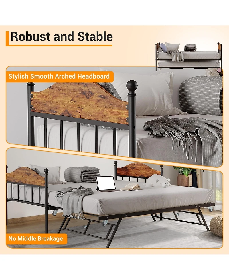 homfan Metal Daybed with Headboard, Sofa Bed Frame with Steel Slats and Optional Pop-Up Trundle for Bedroom or Living Room