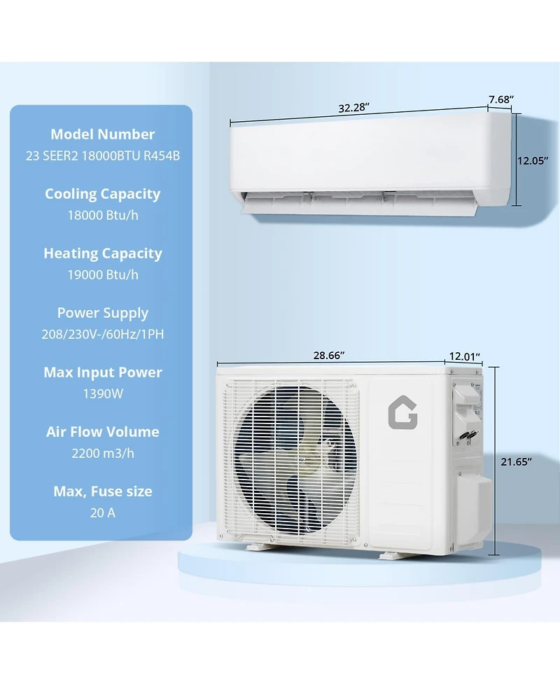 Xo 18000 Btu Mini Split Ac and Heat Pump, 23 SEER2 Inverter, WiFi and Alexa, Cools 1250 Sq. Ft, 208/230V Kit