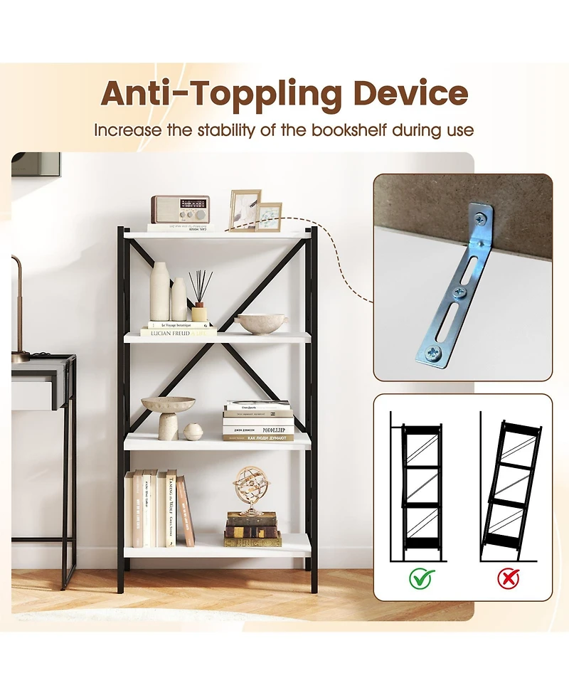 Gymax 4-Tier Bookshelf Industrial Bookcase with Heavy-Duty Metal Frame for Living Room