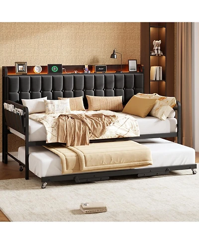 homfan Upholstered Twin Daybed with Trundle, Led Lights, Charging Station and Storage Headboard, Metal Slat Support
