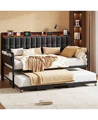 homfan Upholstered Twin Daybed with Trundle, Led Lights, Charging Station and Storage Headboard, Metal Slat Support