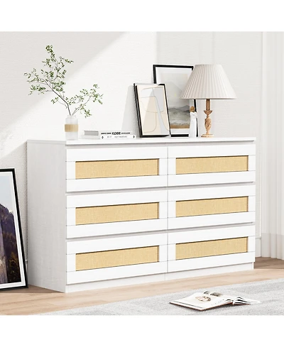 homfan Modern Wide 6 Drawer Rattan Dresser - Spacious Double Chest with Anti-Tip Kit Storage Solution for Bedroom, Living Room, Hallway