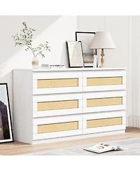 homfan Modern Wide 6 Drawer Rattan Dresser - Spacious Double Chest with Anti-Tip Kit Storage Solution for Bedroom, Living Room, Hallway