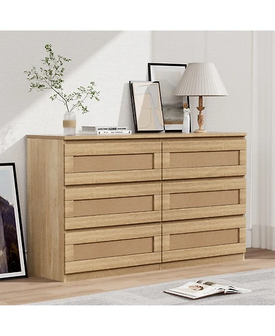 homfan Modern Wide 6 Drawer Rattan Dresser - Spacious Double Chest with Anti-Tip Kit Storage Solution for Bedroom, Living Room, Hallway