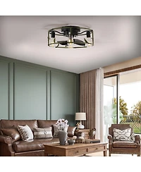 Clihome 19 inch Industrial Ceiling Fan with 3-Light, Flush Mount Caged Ceiling Fan with Remote
