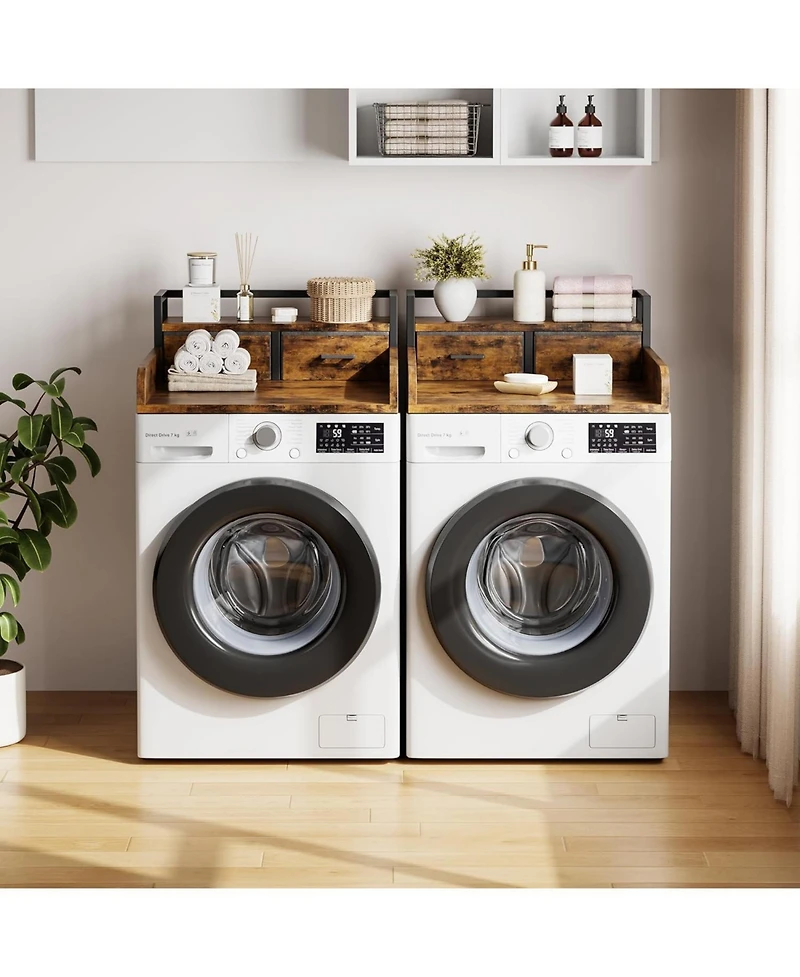 gaomon 2-Tier Washer Dryer Countertop, Shelf and 2 Drawers, High Guardrails, Laundry Storage Organizer