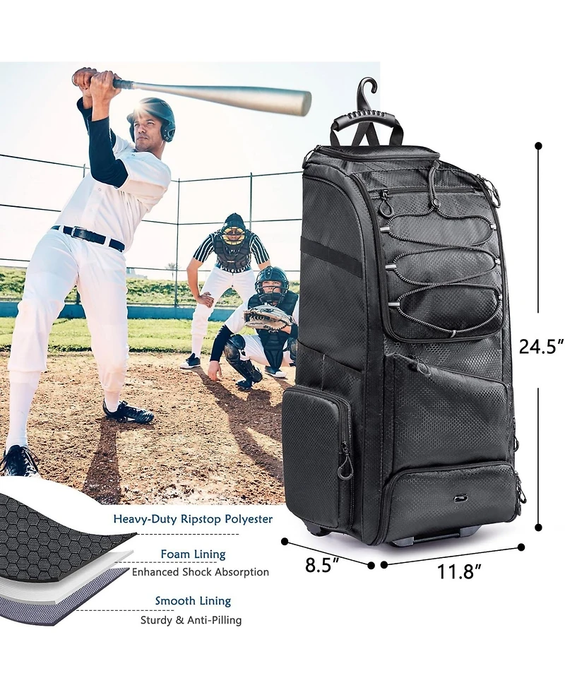 Furlihong 60L Rolling Baseball Bag - Youth Equipment Holds 4 Bats, Shoe Compart & Fence Hook, for Boys Girls 8+