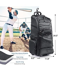 Furlihong 60L Rolling Baseball Bag - Youth Equipment Holds 4 Bats, Shoe Compart & Fence Hook, for Boys Girls 8+