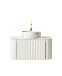 Sillysis Wall Mounted Bathroom Vanity with White Sintered Stone Top, Round Ceramic Bowl Sink