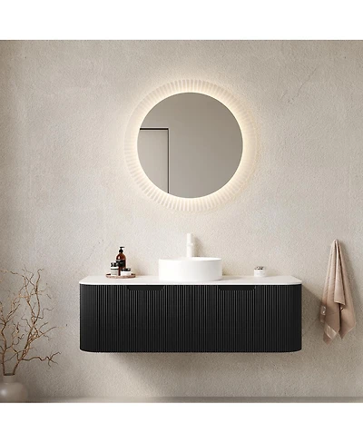 Sillysis Wall Mounted Bathroom Vanity with Sintered Stone Top, Round Ceramic Sink, Black Striped Drawer, Pre-assembled