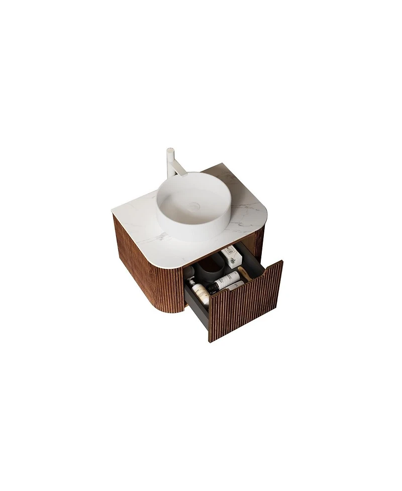 Sillysis Wall Mounted Bathroom Vanity with Artificial Marble Top, Round Ceramic Sink, Walnut Striped Drawer