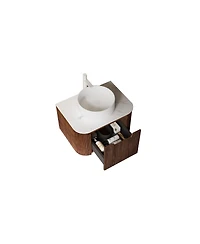Sillysis Wall Mounted Bathroom Vanity with Artificial Marble Top, Round Ceramic Sink, Walnut Striped Drawer