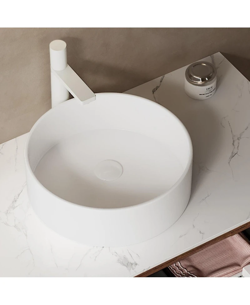 Sillysis Wall Mounted Bathroom Vanity with Artificial Marble Top, Round Ceramic Sink, Walnut Striped Drawer