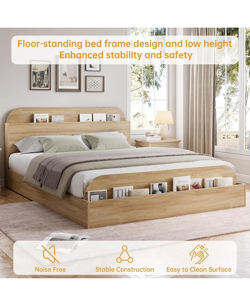 gaomon Bed Frame, Wooden Beds with Storage Headboard and Raised-Foodboard, Floor Low Platform for Bedroom