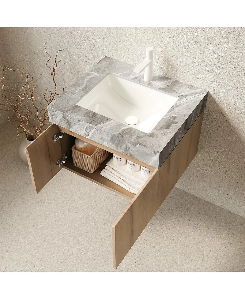 Sillysis Wall Mount Bathroom Vanity with Travertine Sintered Stone Top, Ceramic Undermount Sink, Soft Close Cabinet, Pre-assembled