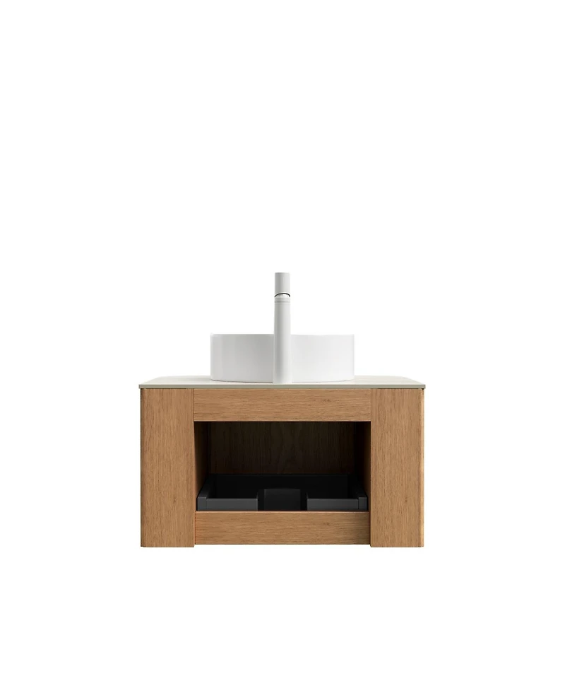 Sillysis Wall Mounted Bathroom Vanity with Sintered Stone Top, Round Ceramic Vessel Sink, Wood Grain Drawer