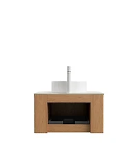 Sillysis Wall Mounted Bathroom Vanity with Sintered Stone Top, Round Ceramic Vessel Sink, Wood Grain Drawer