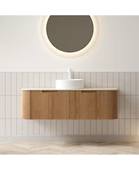 Sillysis Wall Mounted Bathroom Vanity with Sintered Stone Top, Round Ceramic Vessel Sink, Wood Grain Drawer