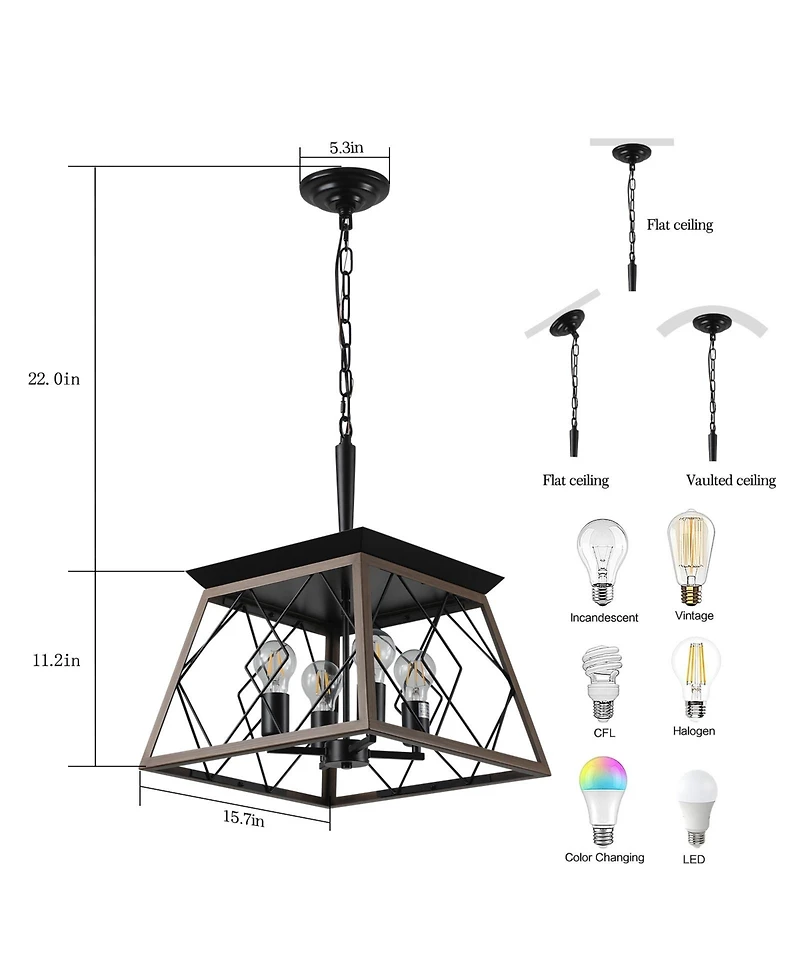 Clihome Industrial 4-Light Metal Cage Design Pendant Chandelier, Adjustable Hanging Light (No Bulbs)