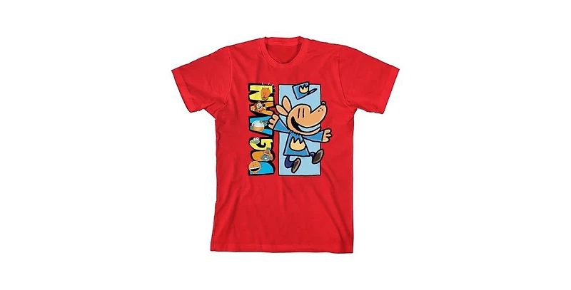Dog Man Boys Characters Inside Logo Youth Red Crew Neck Short Sleeve T-shirt -Xl