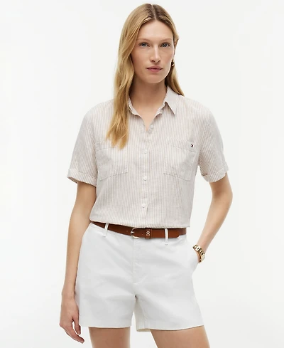 Tommy Hilfiger Women's Printed Linen Short-Sleeve Relaxed Shirt