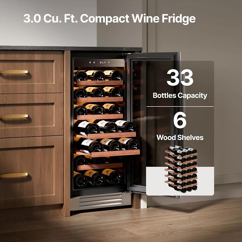 CaLefort 15 Inch Wine Cooler Refrigerator, 33 Bottle Capacity, Built In or Freestanding, Glass Door, 3.0 Cubic Feet
