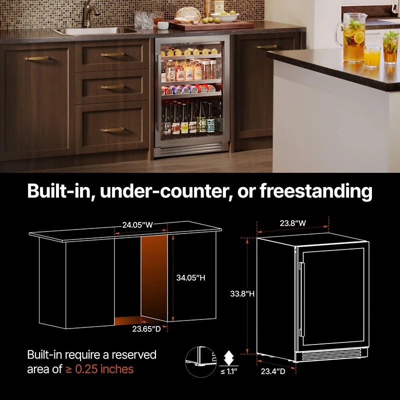 CaLefort 24 Inch Beverage Refrigerator Cooler, 180 Can Capacity, Glass Door, Built In or Freestanding, 5.65 Cubic Feet, 34 to 54 Degrees Fahrenheit
