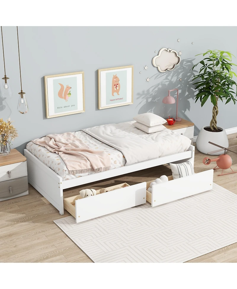 Clihome Bed with 2 Drawers, Solid Rubber Wood