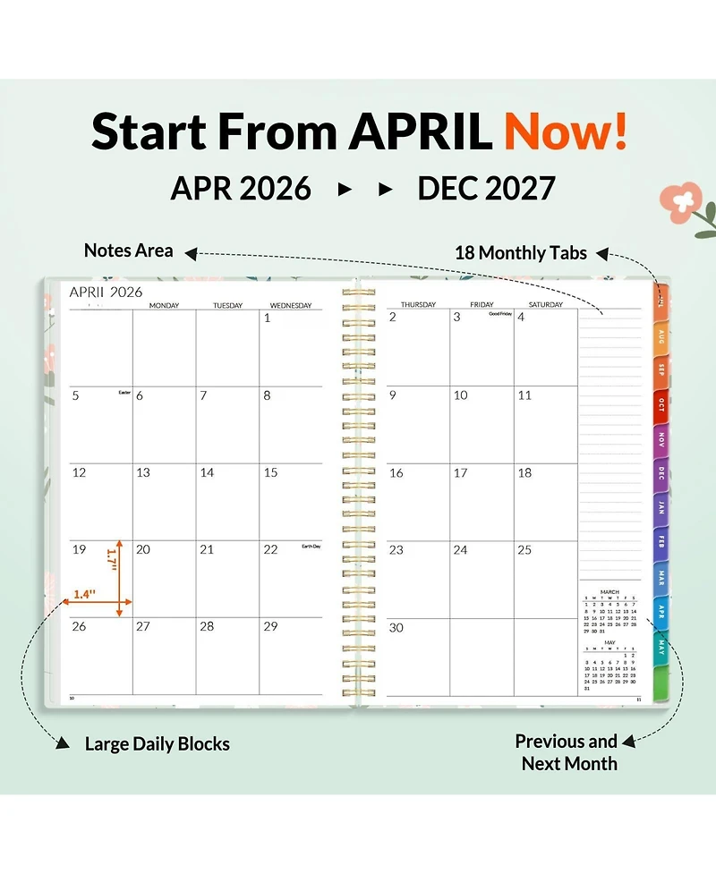 Gnuadz Monthly Planner 2026-2027 18 Months Spiral Binding Organizer