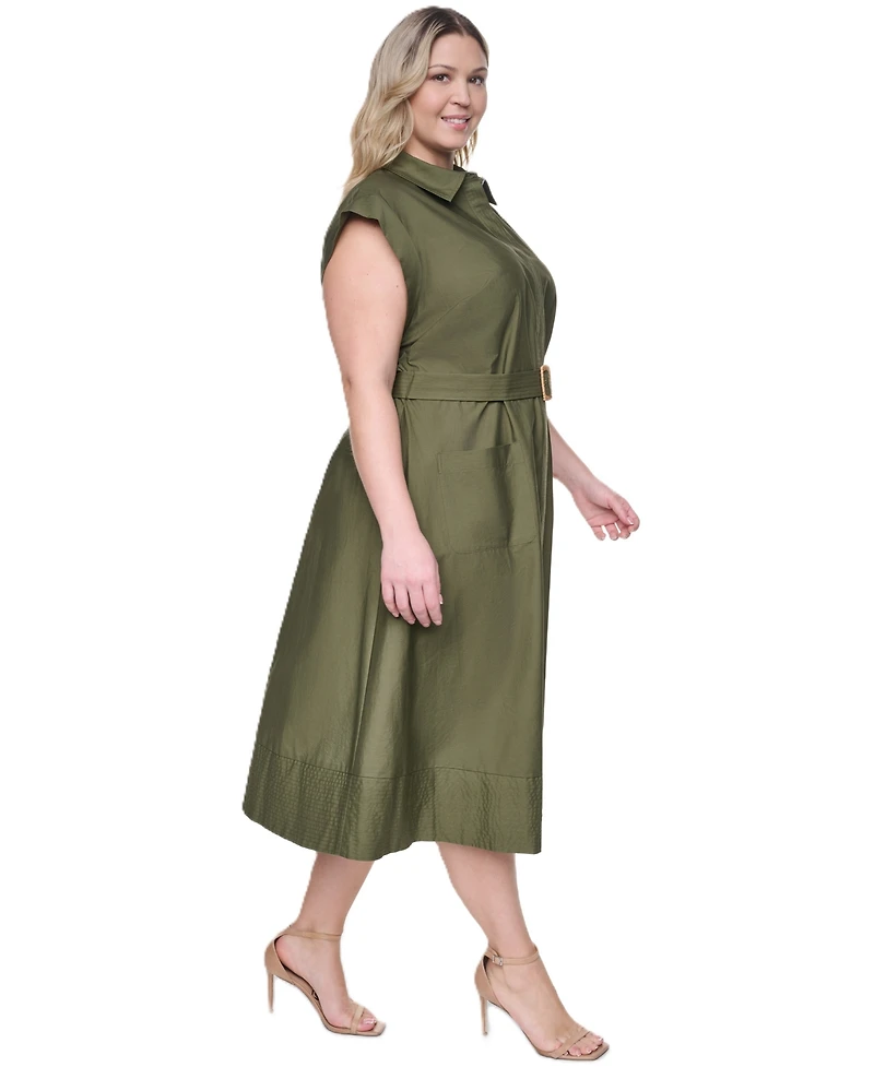 Eliza J Plus Trapunto Stitch Short-Sleeve Belted Midi Shirt Dress