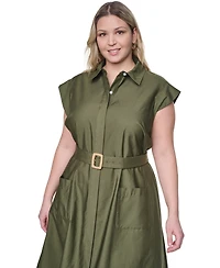 Eliza J Plus Trapunto Stitch Short-Sleeve Belted Midi Shirt Dress