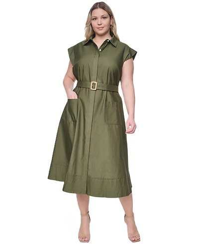 Eliza J Plus Trapunto Stitch Short-Sleeve Belted Midi Shirt Dress