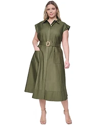 Eliza J Plus Trapunto Stitch Short-Sleeve Belted Midi Shirt Dress