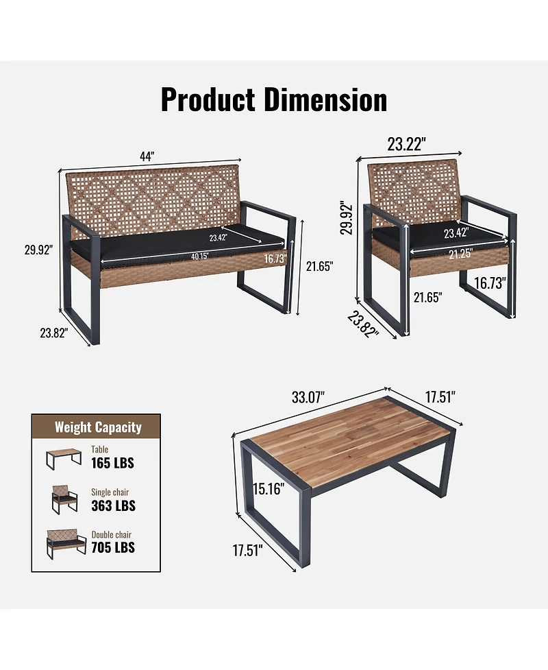 Clihome 4-Piece Outdoor Patio Furniture Set with Acacia Wood Table - Modern Pe Rattan Conversation Set