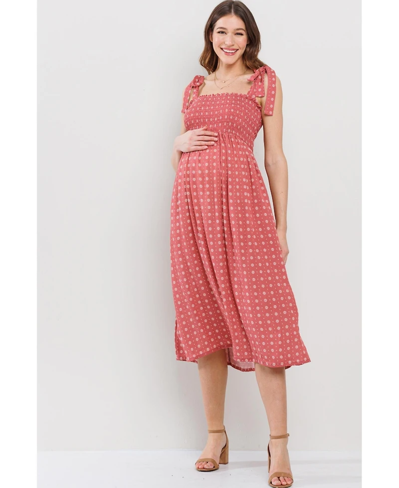 Hello Miz Maternity Floral Smocked Sleeveless Midi Dress with Adjustable Straps