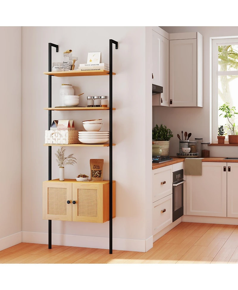 Gymax Wall-Mounted Ladder Shelf 5-tier Bookshelf w/ Rattan-Door Cabinet Display Rack