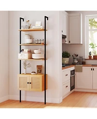 Gymax Wall-Mounted Ladder Shelf 5-tier Bookshelf w/ Rattan-Door Cabinet Display Rack