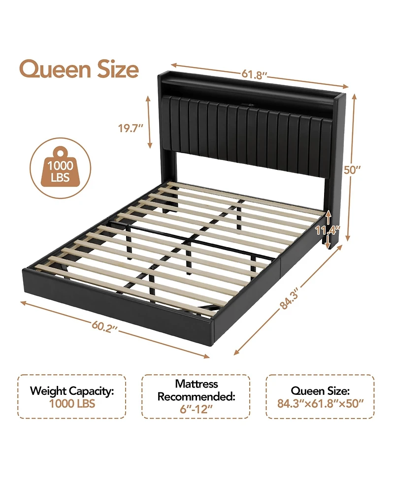 homfan Floating Platform Bed Frame with Hidden Legs, App-Controlled Rgb Led Lighting, Headboard Shelf and Charging Station, No Box Spring Needed