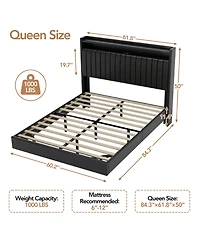 homfan Floating Platform Bed Frame with Hidden Legs, App-Controlled Rgb Led Lighting, Headboard Shelf and Charging Station, No Box Spring Needed