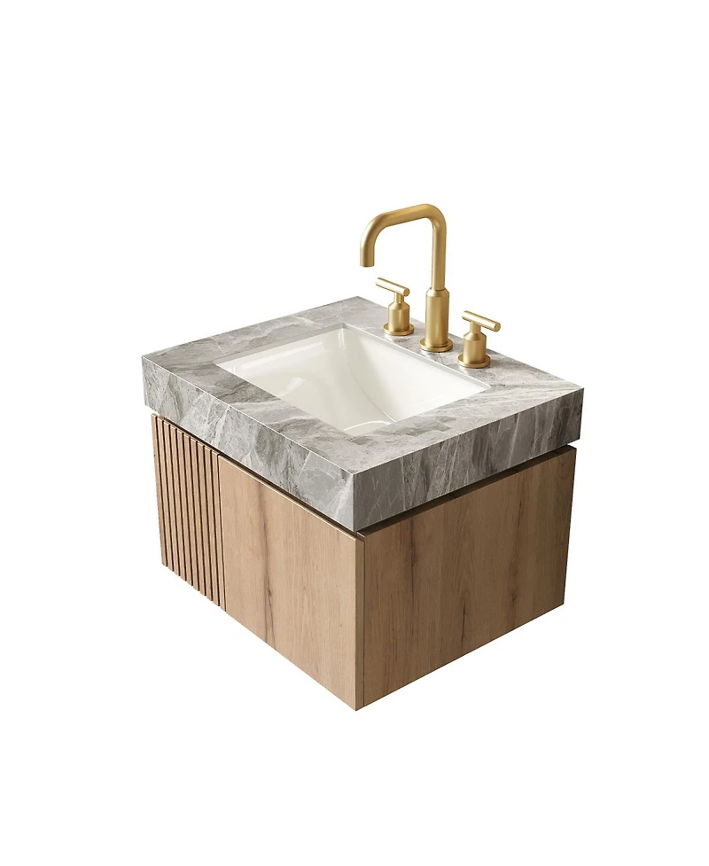 Sillysis Mounted Bathroom Vanity with Italian Sintered Stone Top, 3-Hole Ceramic Sink, Soft Close Storage Cabinet, Pre-assembled